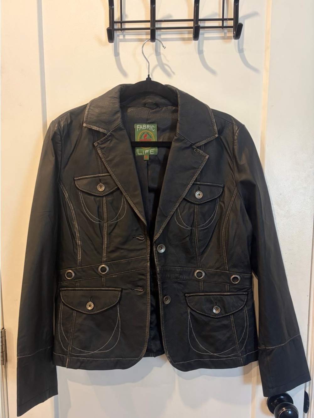 Women's Black Leather Button-Front Blazer